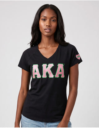 Alpha Kappa Alpha V-Neck Glitter Tee Black