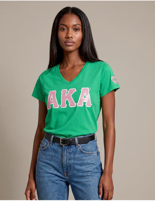 Alpha Kappa Alpha V-Neck Glitter Tee Green