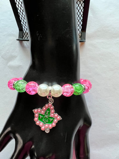 Alpha Kappa Alpha Beaded Bling Charm Bracelet Pink Pearl