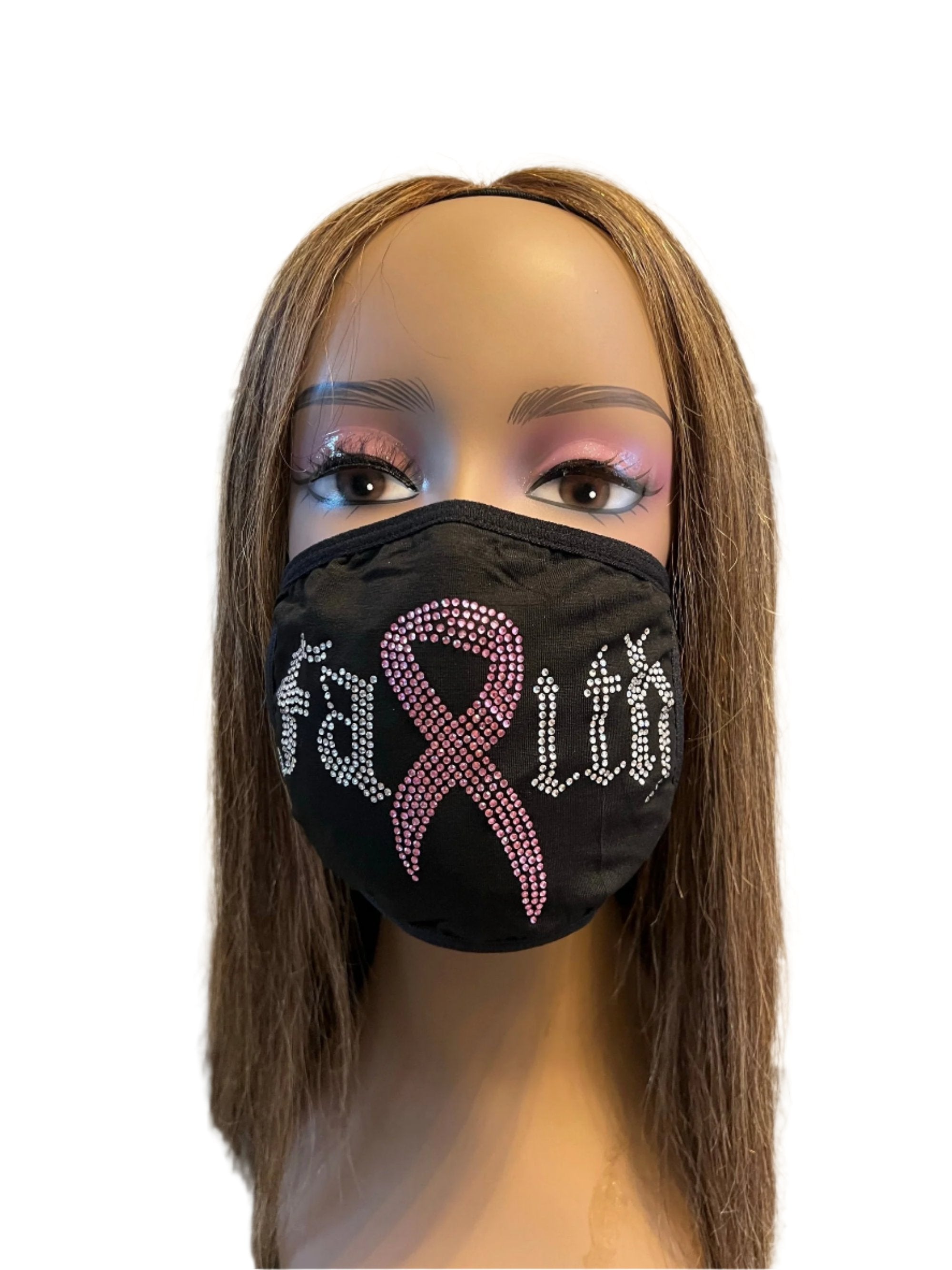 BREAST CANCER AWARENESS PINK RIBBON BLING FACE MASK RHINESTONE